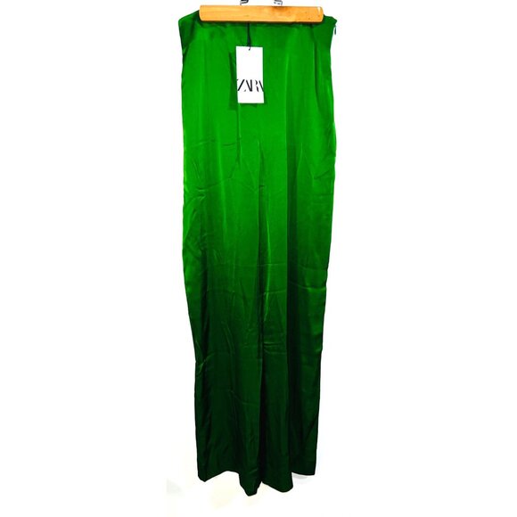 Zara Womens Brilliant Green Satin Wide-Leg Pants Size S Side Zip Comfortable